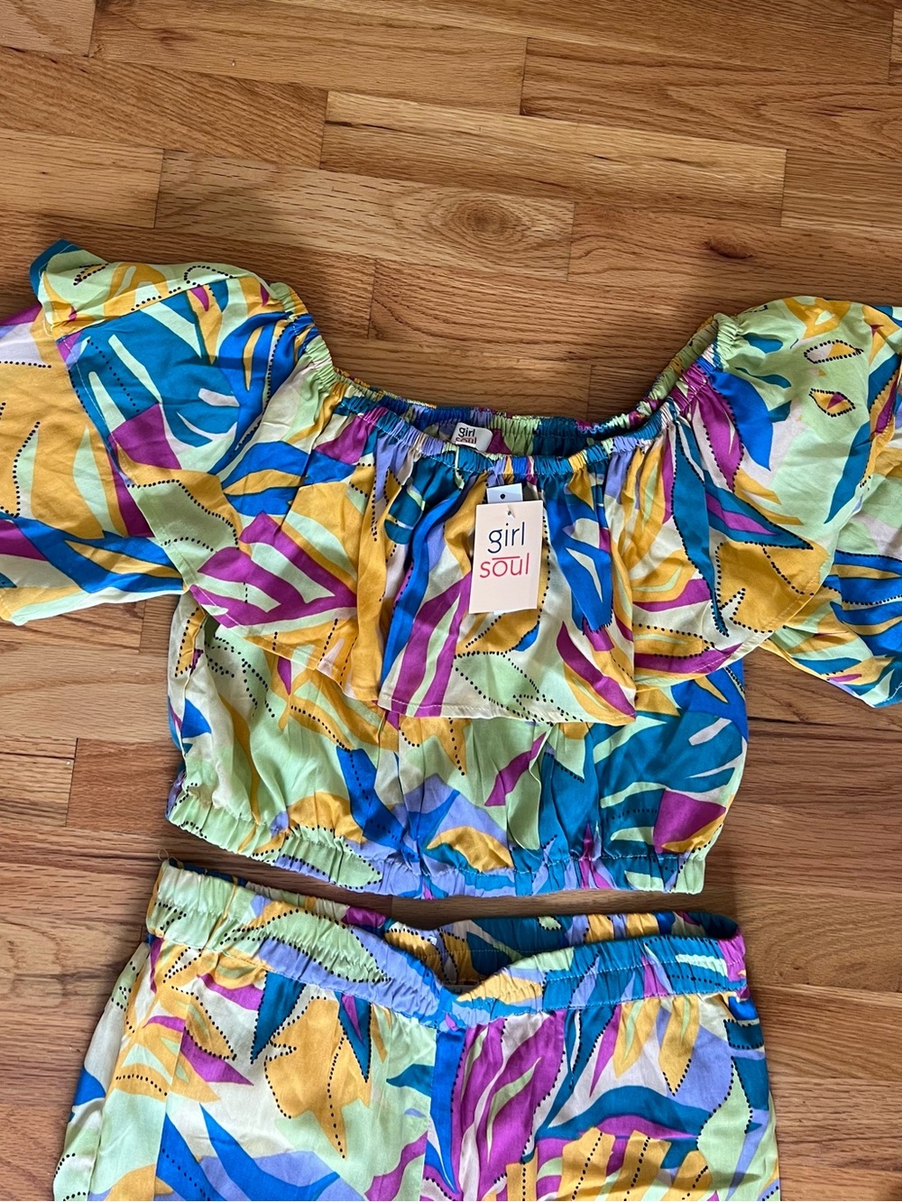 Girl Soul Tropical Off-Shoulder Two-Piece Set in Yellow, Blue & Purple - Picture 2 of 3